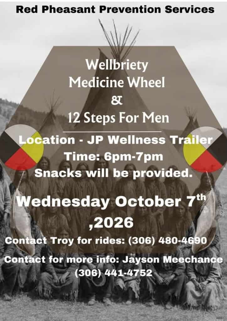Wellbriety Medicine Wheel and 12 Steps For Men poster, Wednesday October 7, 6pm to 7pm at the JP Wellness Trailer.