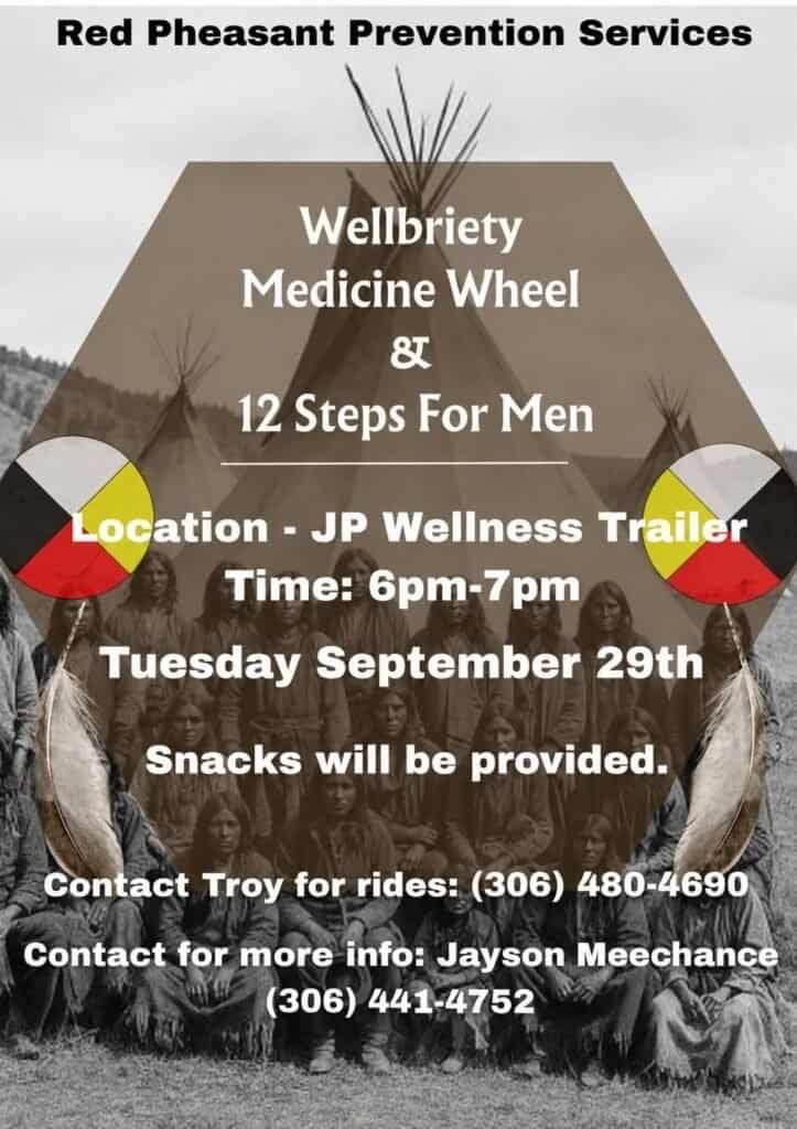 Wellbriety Medicine Wheel and 12 Steps For Men poster, Tuesday September 29, 6pm to 7pm