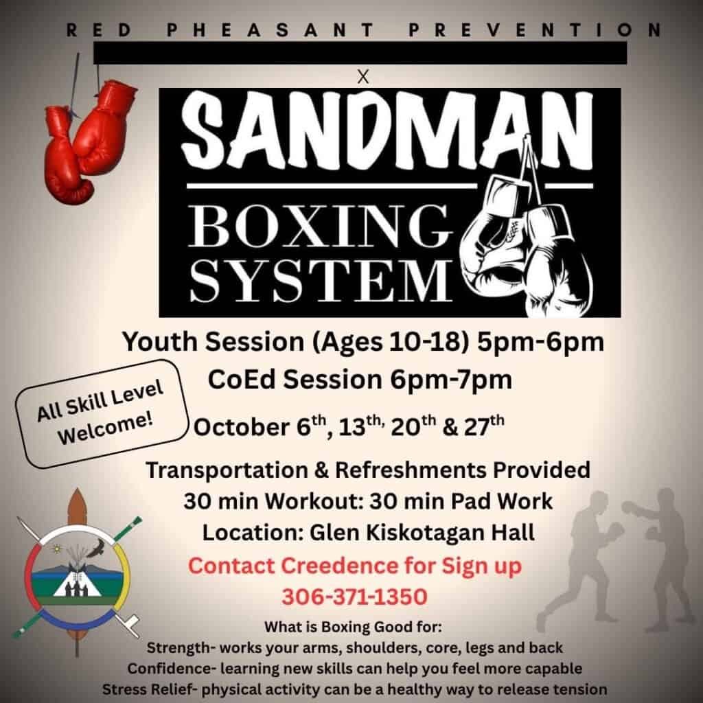 Red Pheasant Prevention and Sandman Boxing System poster, youth session 5pm to 6pm, coed session 6pm to 7pm, October 6, 13, 20 and 27 at Glen Kiskotagan Hall.