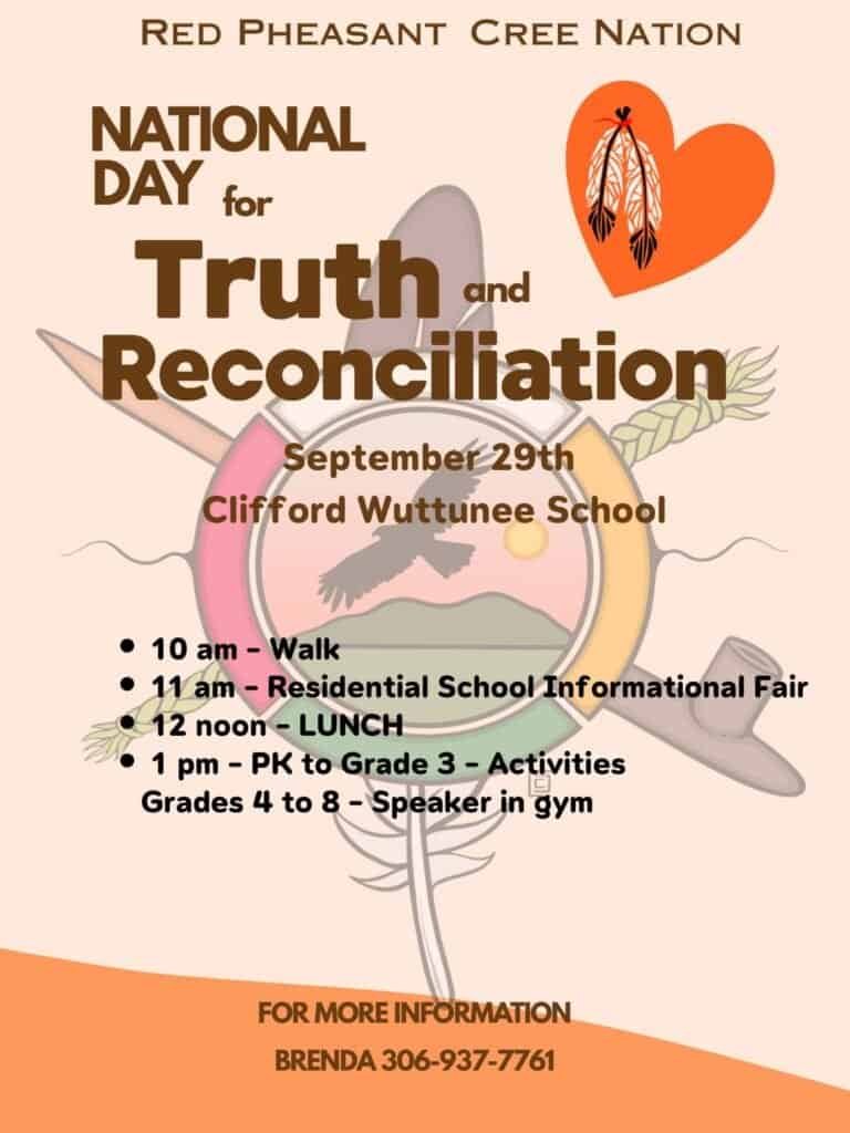 Poster for the National Day for Truth and Reconciliation at Clifford Wuttunee School, September 29: walk at 10 am, Residential School Informational Fair at 11 am, lunch at noon, activities and a speaker at 1 pm