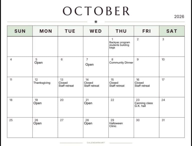Red Pheasant Community Pantry calendar for October 2026. October 1 Backpac program, students building bags. Open October 5, 7, 19, 21, 26 and 28. October 8 Community Dinner. October 12 Thanksgiving. Closed October 13 to 16 for a staff retreat. October 23 canning class at the G.K. hall. October 29 Halloween Clinic.