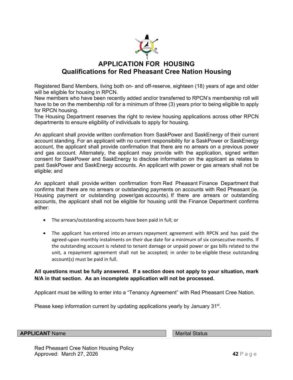 Appendix A, Application for Housing, page 1 of 5: the qualifications for housing and the start of the applicant details.