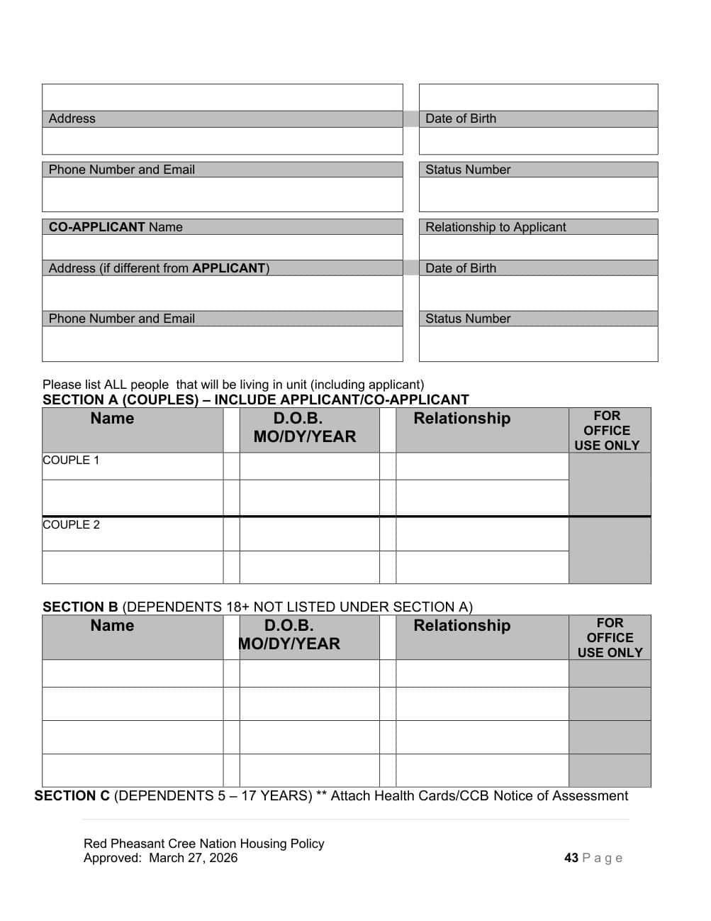 Appendix A, page 2 of 5: applicant and co applicant details, and tables to list everyone who will live in the unit, Sections A and B.