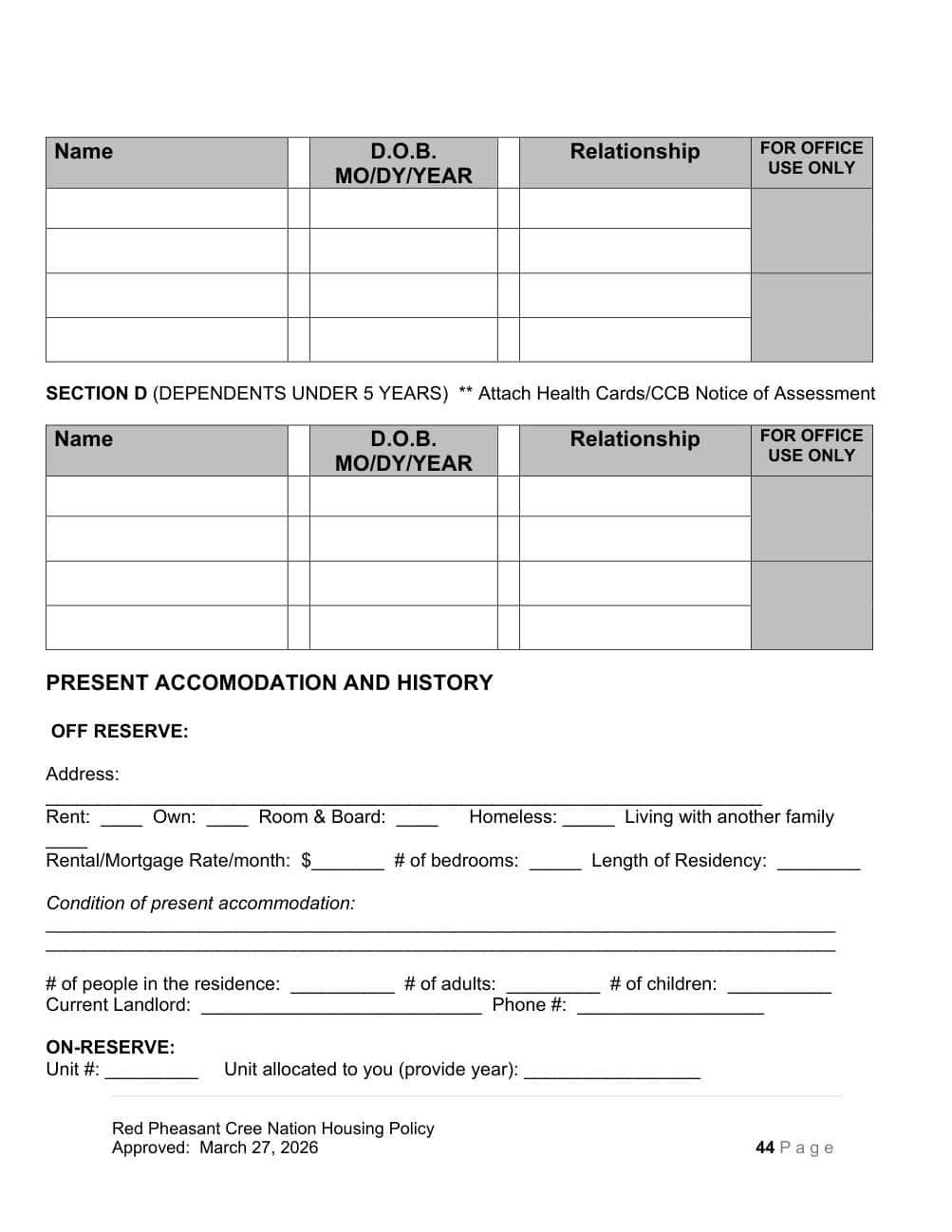 Appendix A, page 3 of 5: tables for Sections C and D, and questions about present accommodation off reserve and on reserve.