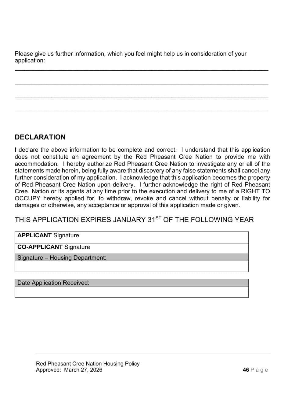 Appendix A, page 5 of 5: space for further information, the declaration, and signature lines.
