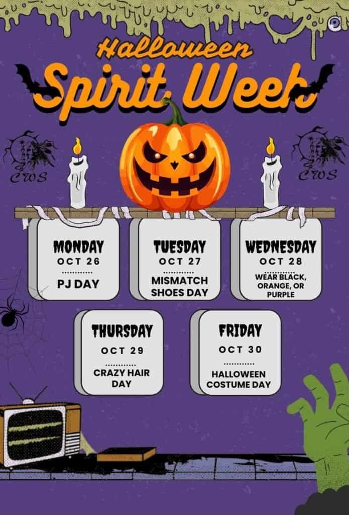 Halloween Spirit Week poster from Clifford Wuttunee School, October 26 to 30, 2026, with PJ Day, Mismatch Shoes Day, wear black, orange or purple, Crazy Hair Day and Halloween Costume Day