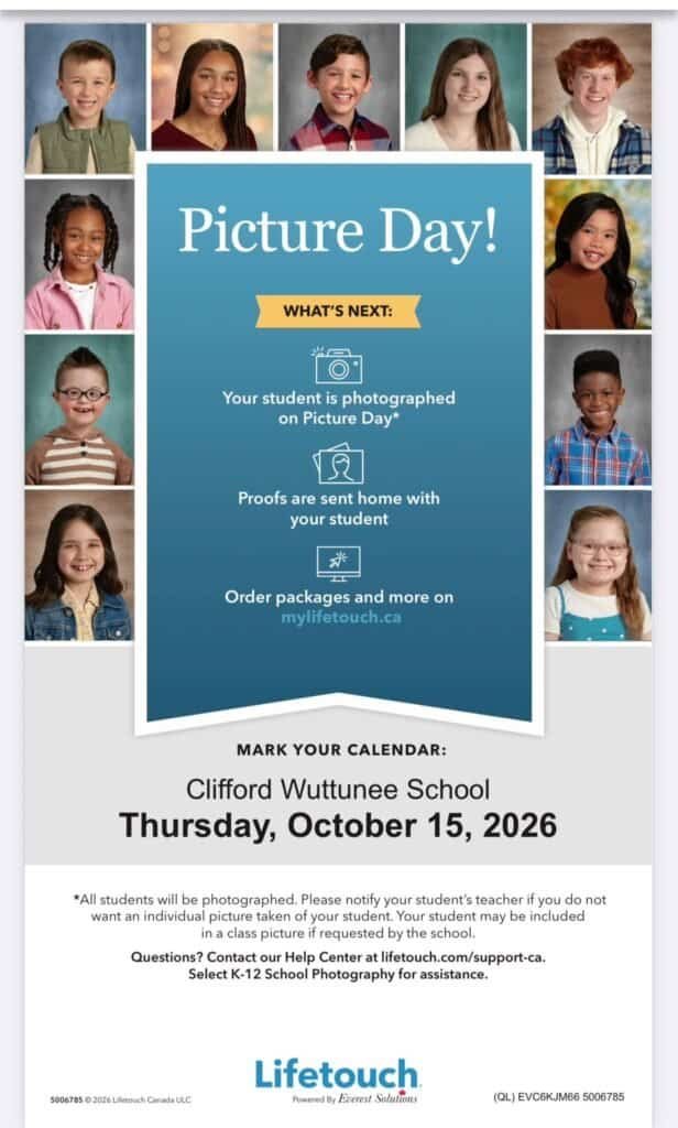 Lifetouch Picture Day flyer for Clifford Wuttunee School, Thursday October 15, 2026.