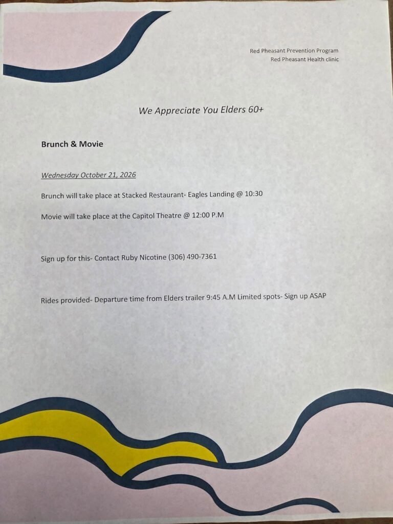 Letter from Red Pheasant Prevention Program and Red Pheasant Health Clinic, We Appreciate You Elders 60+, Brunch and Movie, Wednesday October 21, 2026