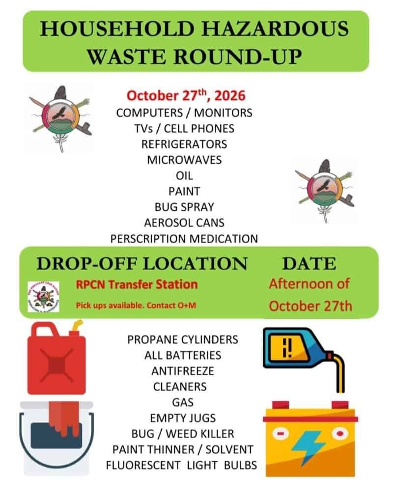 Poster for the RPCN Household Hazardous Waste Round-Up, afternoon of October 27, 2026, drop off at the RPCN Transfer Station, with the list of items accepted