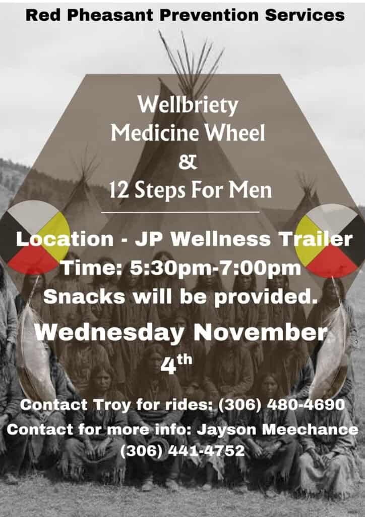Poster for Wellbriety Medicine Wheel and 12 Steps For Men with Red Pheasant Prevention Services, Wednesday November 4, 2026, 5:30 to 7:00 pm at the JP Wellness Trailer, snacks provided