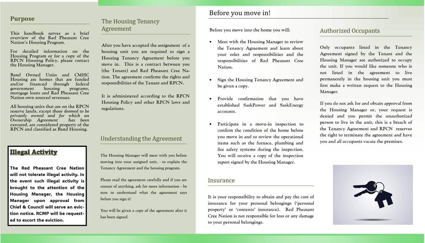 Appendix E, Tenant Manual, inside of the brochure: Purpose, The Housing Tenancy Agreement, Understanding the Agreement, Before you move in, Insurance, Authorized Occupants and Illegal Activity.