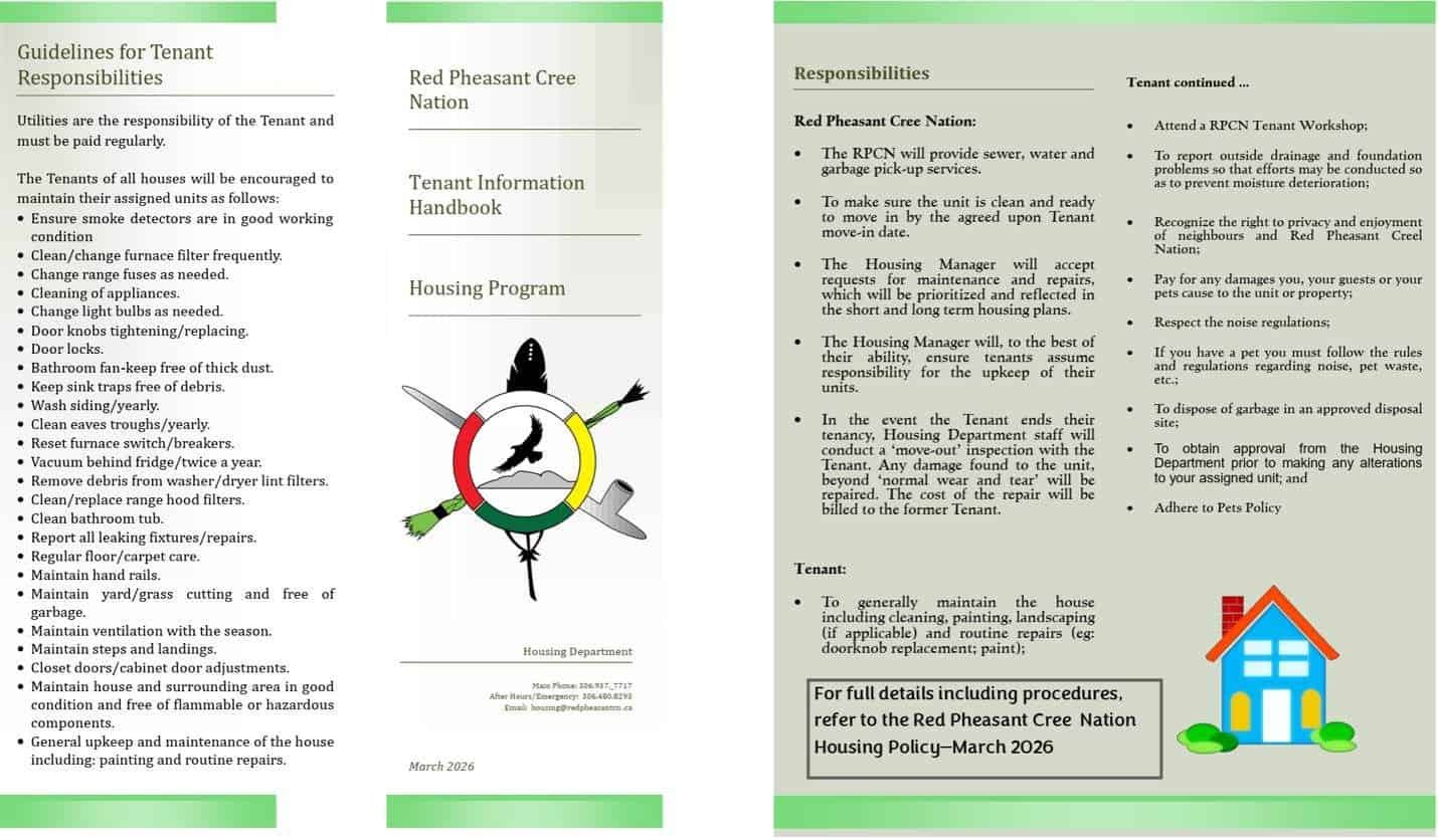 Appendix E, Tenant Manual, outside of the Tenant Information Handbook brochure: Guidelines for Tenant Responsibilities, the cover, and the responsibilities of Red Pheasant Cree Nation and of the tenant.